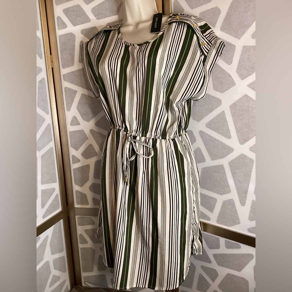 Casual Green and White Striped Drawstring Midi Dress